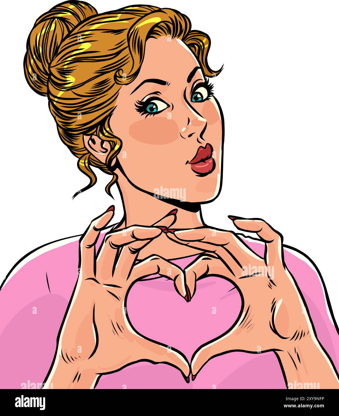 Dare l'amore è molto importante. La ragazza mostra il suo cuore con le mani. L'azienda sostiene e rispetta i propri clienti. Pop Art retro Vector illustra Illustrazione Vettoriale