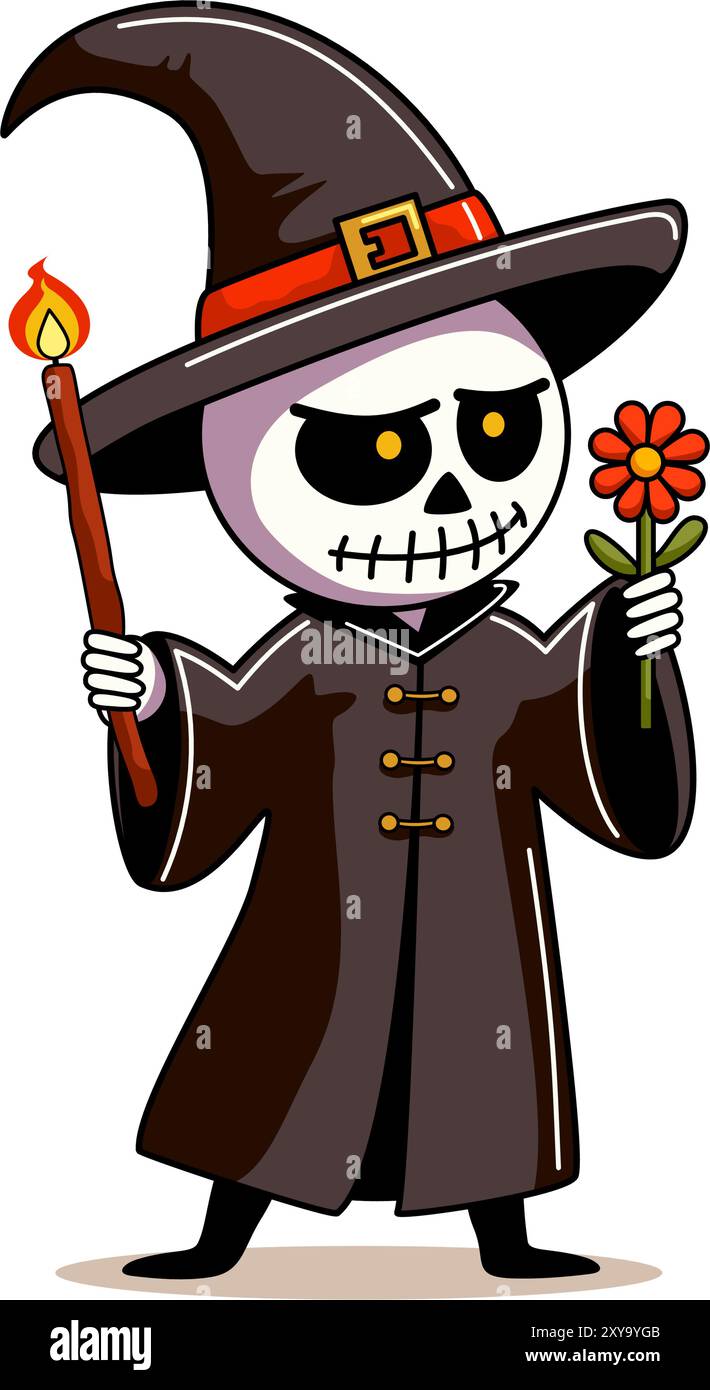 Vestire lo scheletro in costume da strega di halloween. Il personaggio di Halloween. Il giorno della morte. Illustrazione vettoriale Illustrazione Vettoriale