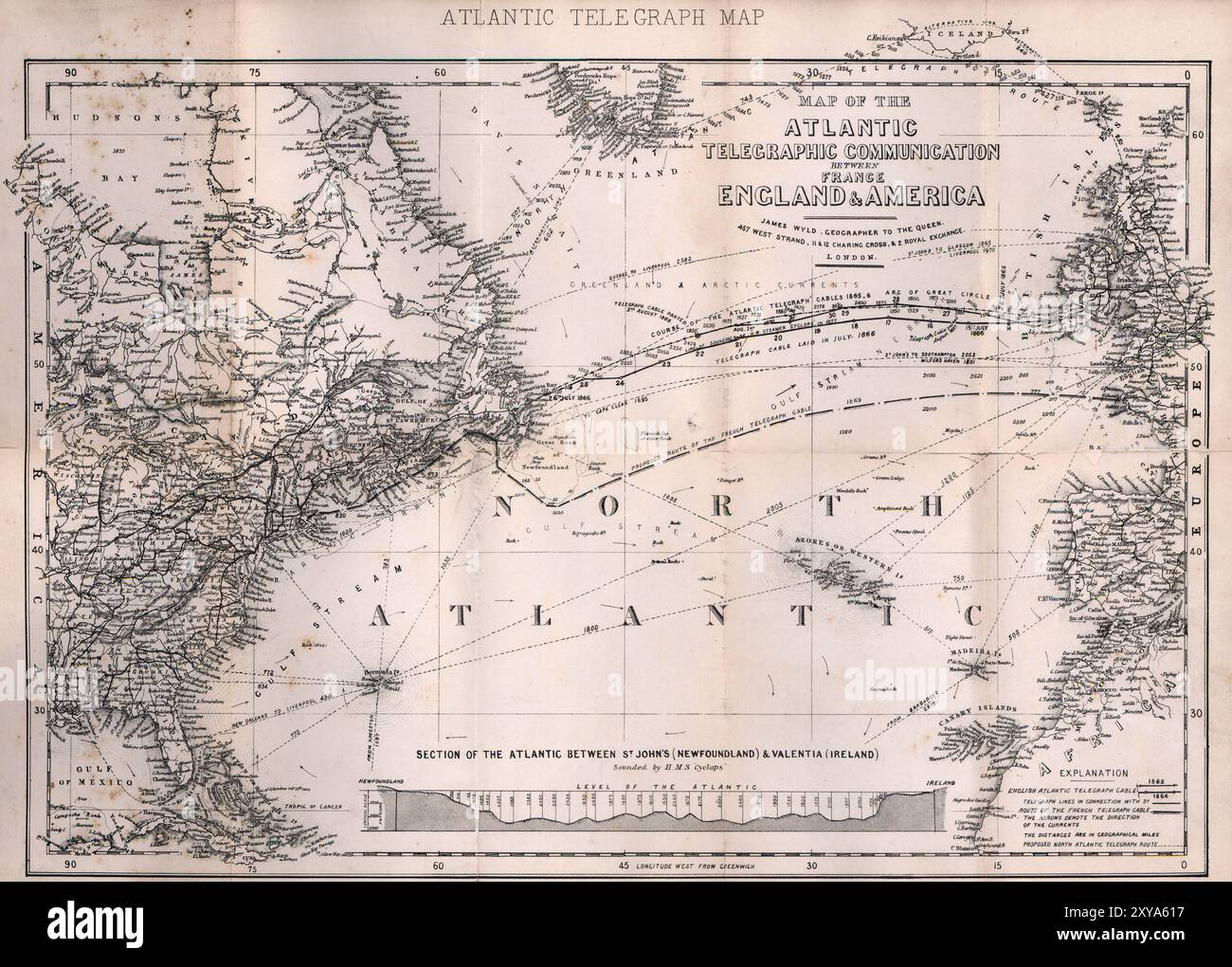 Mappa storica d'epoca. Raffigura le linee dell'Atlantic Telegraph, che mostrano le comunicazioni telegrafiche tra Francia Inghilterra e America. Di James Wyld 1869 Foto Stock