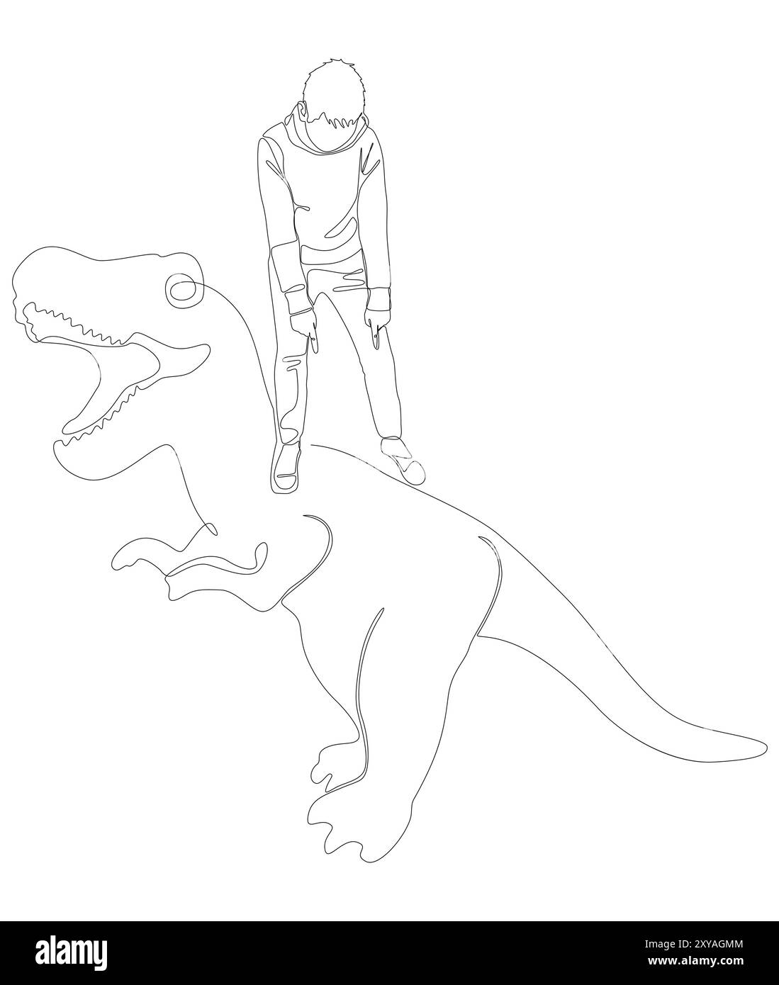 Una linea continua di Man che punta con il dito contro Dinosaur. Concetto del vettore dell'illustrazione a linee sottili. Idee creative per il disegno dei contorni. Illustrazione Vettoriale