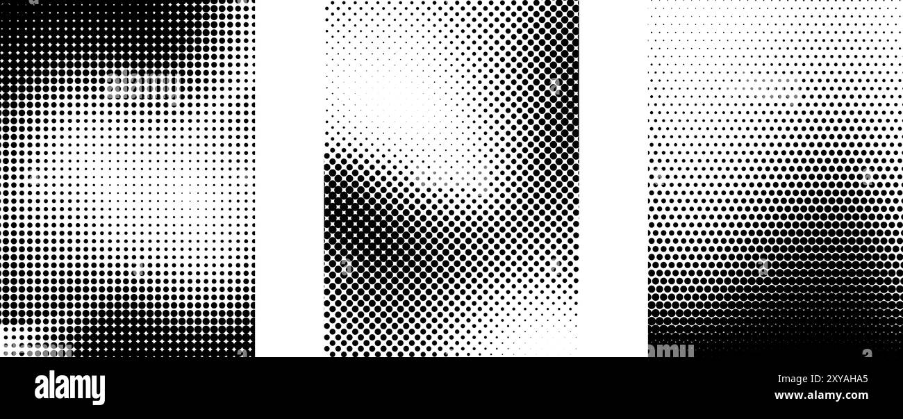 Set di sfondo sfumato con mezzitoni. Collezione texture Noise sabbia bianca e nera. Zaino con sfondo raster pixelato tratteggiato retro. Sovrapposizione a pois cartoni animati per banner, poster, stampa. Vettore Illustrazione Vettoriale