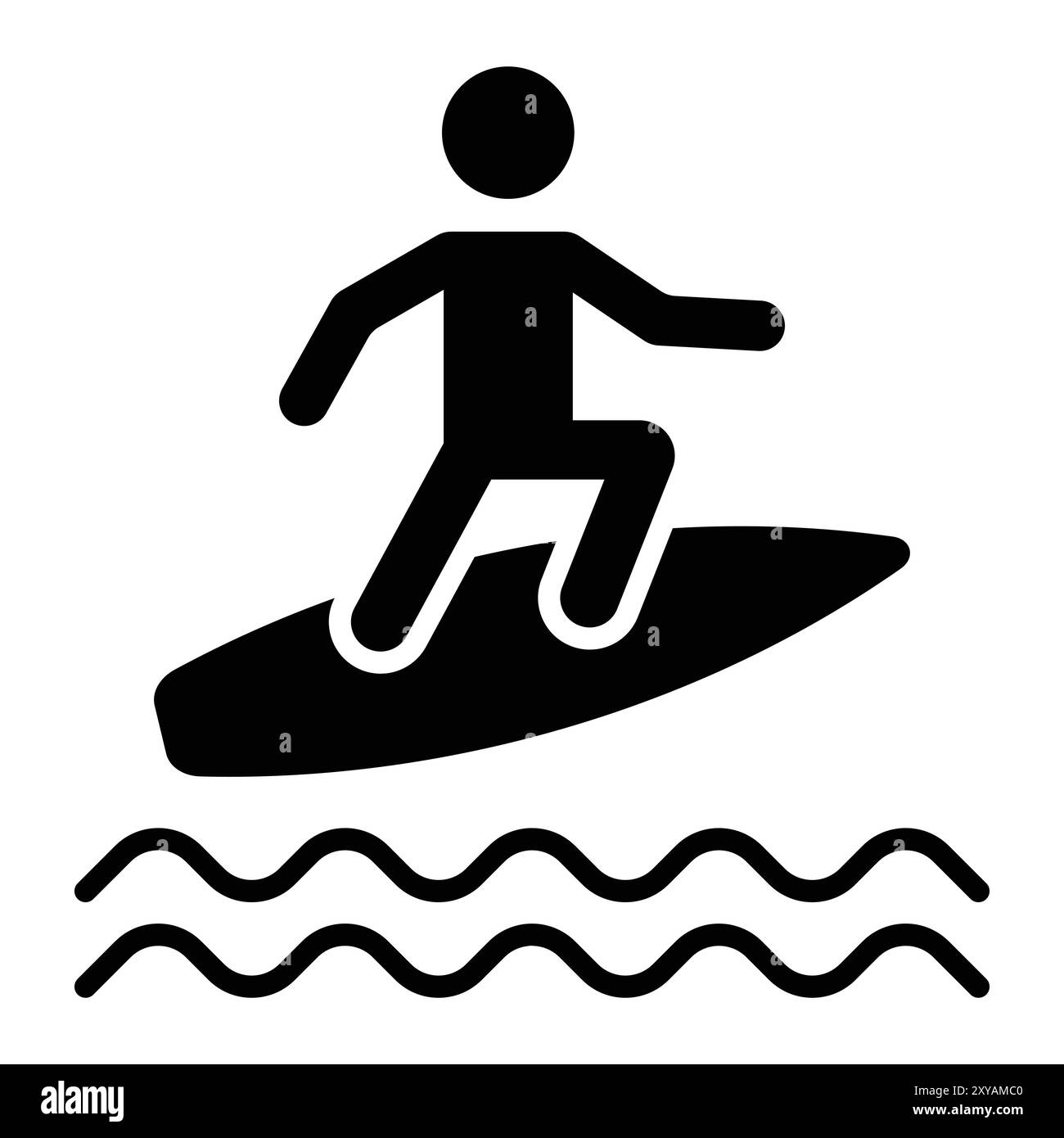 Icona del vettore del surfista. Surf con cartello da surf. Silhouette nera. Surfista cavalcando un'onda. Sport acquatici. Oceano potente, onde marine. Illustrazione Vettoriale