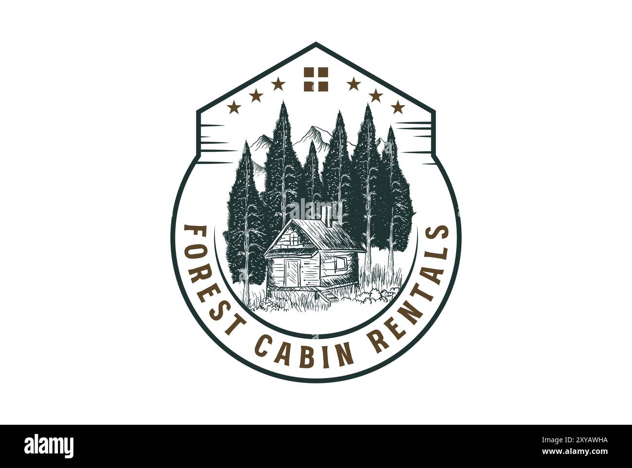 Chalet Lodge in legno vintage retrò con logo Emblem logo logo Emblem in abete rosso Evergreen Illustrazione Vettoriale