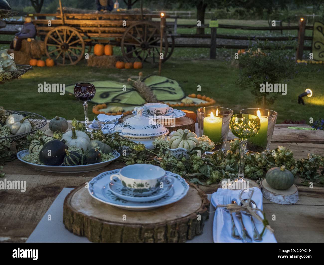 Un ambiente rustico da tavolo all'aperto con candele, zucche e bicchieri in un'atmosfera serale autunnale, borken, muensterland, Germania, Europa Foto Stock