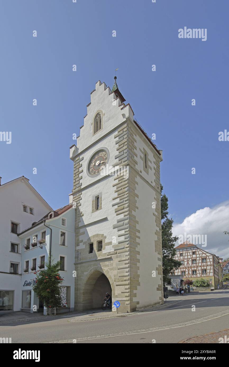 Porta francescana costruita nel 1494, porta cittadina, torre cittadina, Ueberlingen, lago Ueberlingen, area del lago di Costanza, Baden-Wuerttemberg, Germania, Europa Foto Stock