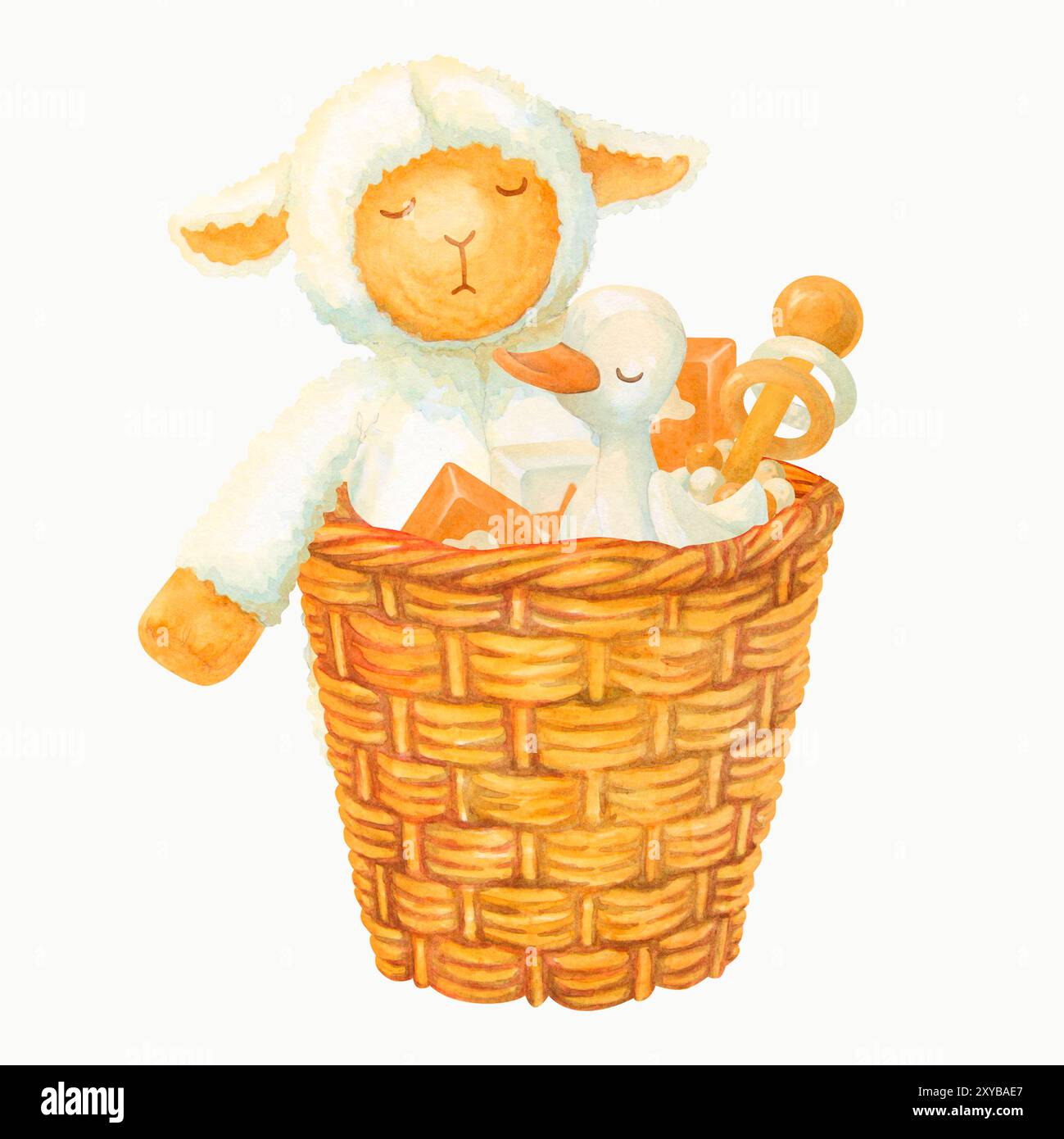 Grande cesto di vimini o pannier con anatroccolo di agnello e giocattoli in legno. Elemento interno del vivaio. Clipart di acquerello isolato per la stampa o la progettazione Foto Stock