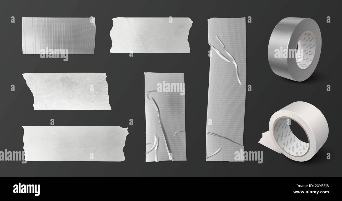 nastro in rotolo argento 3d. Vettore isolato scotch per canalina adesiva. Striscia adesiva in metallo per decorazioni. Fascia adesiva realistica per il fissaggio o la riparazione del set di illustrazioni. Nastro appiccicoso, piegato e stropicciato Illustrazione Vettoriale