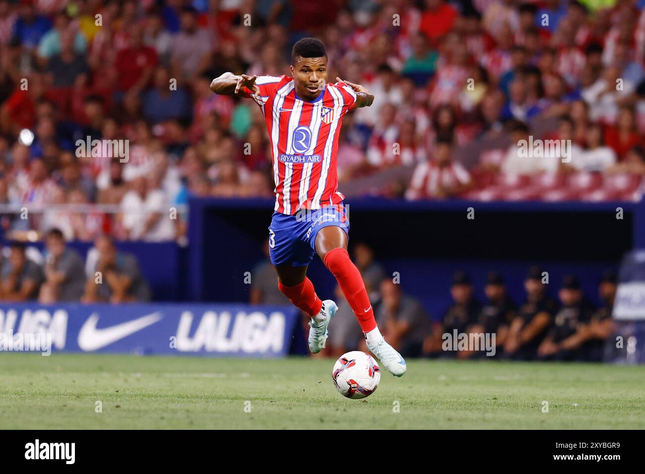 Reinildo Mandava dell'Atletico de Madrid durante la partita di calcio spagnola della Liga tra l'Atletico de Madrid e l'RCD Espanyol il 28 agosto 2024 allo stadio Civitas Metropolitano di Madrid, Spagna Foto Stock