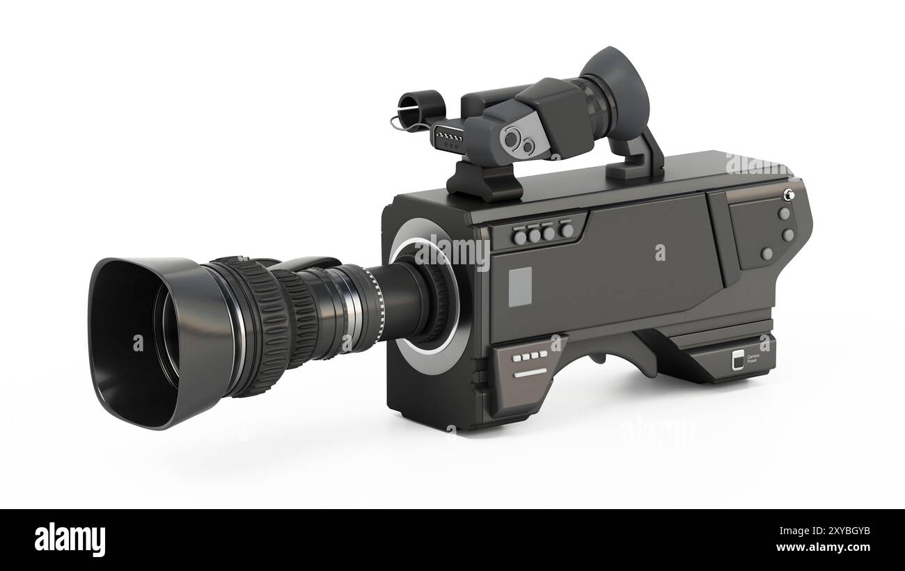 Videocamera professionale isolata su sfondo bianco. Illustrazione 3D. Foto Stock
