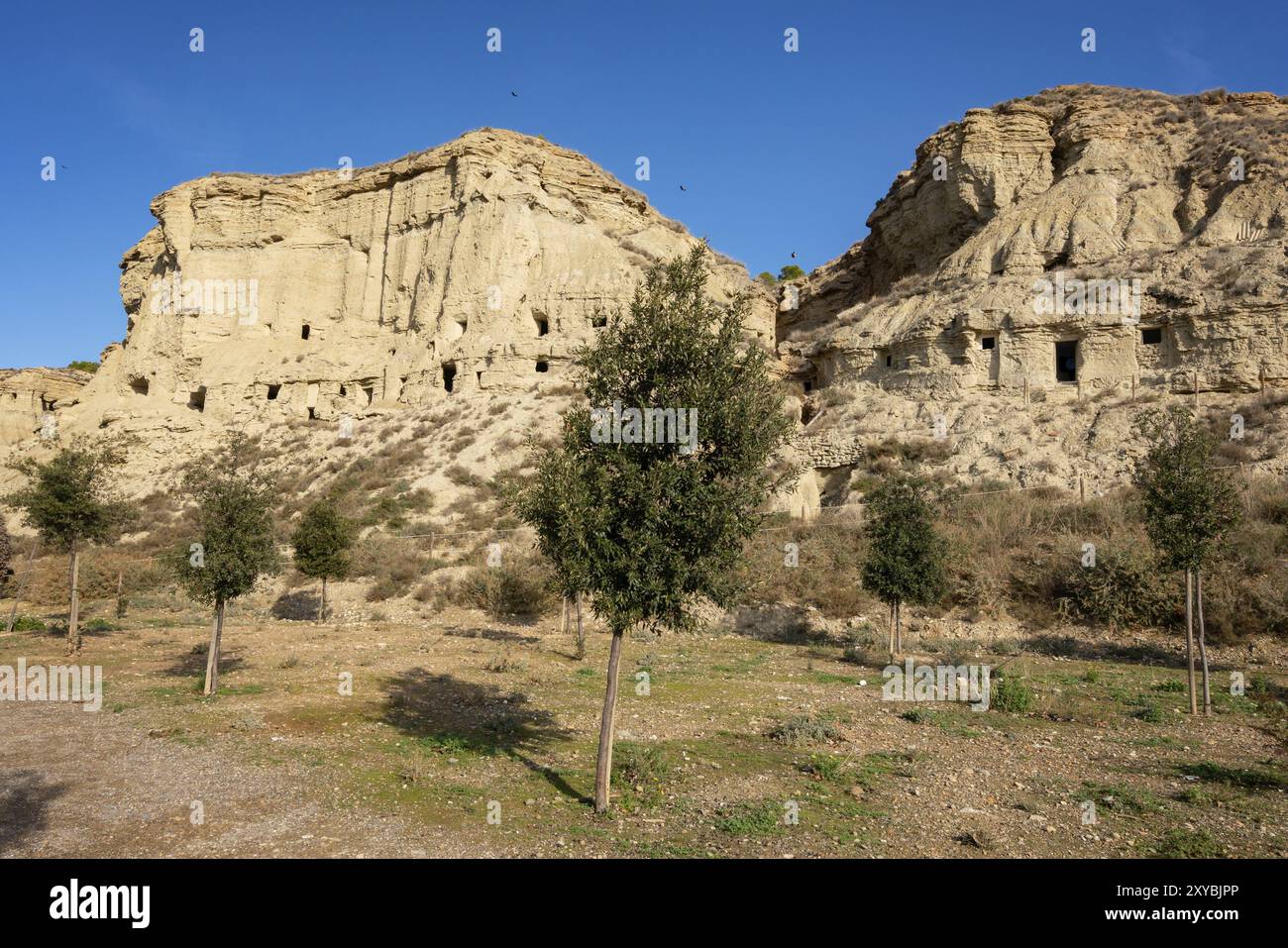 Vista panoramica delle grotte di Arguedas in Spagna Foto Stock