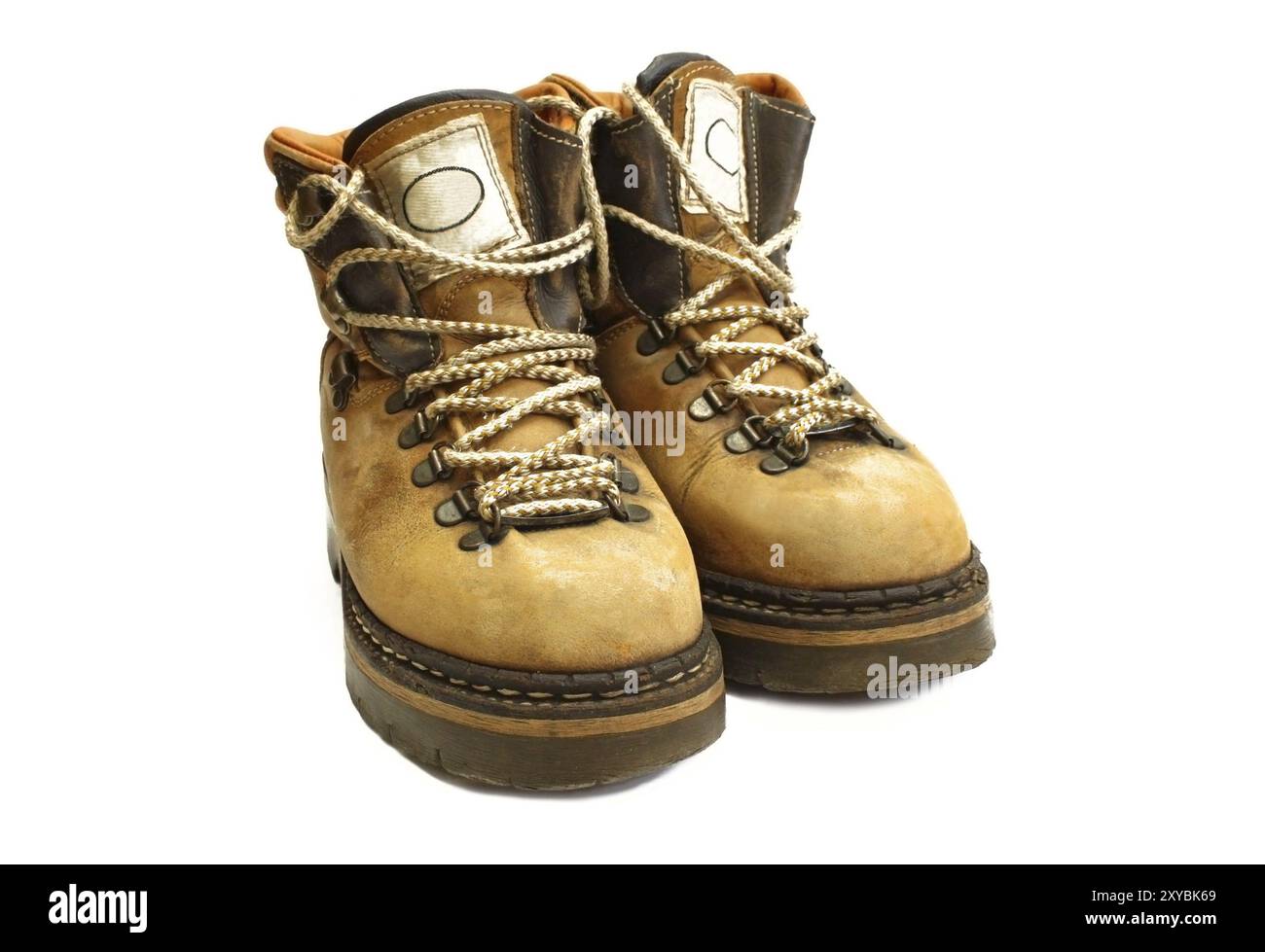 Un paio di vecchi stivali gialli Foto Stock