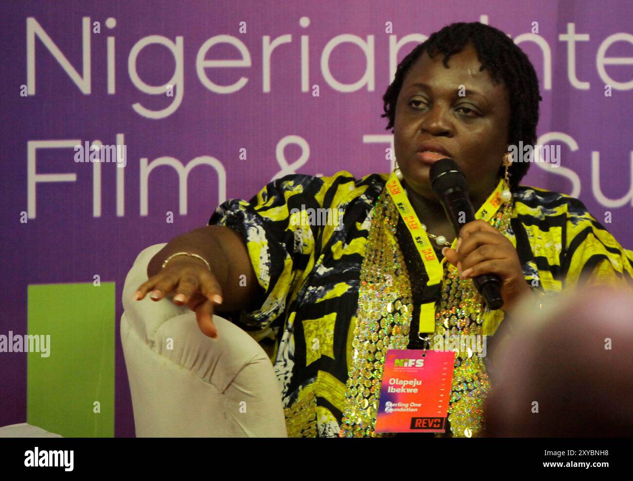 Ikeja, Nigeria. 28 agosto 2024. Olapeju Ibekwe, Chief Executive Officer della Sterling One Foundation, risponde ai commenti durante la sessione del British Council Film Lab Africa al Nigerian International Film and TV Summit tenutosi al Legend Hotel di Ikeja, Lagos, Nigeria, il 28 agosto 2024. (Foto di Adekunle Ajayi) credito: NurPhoto SRL/Alamy Live News Foto Stock