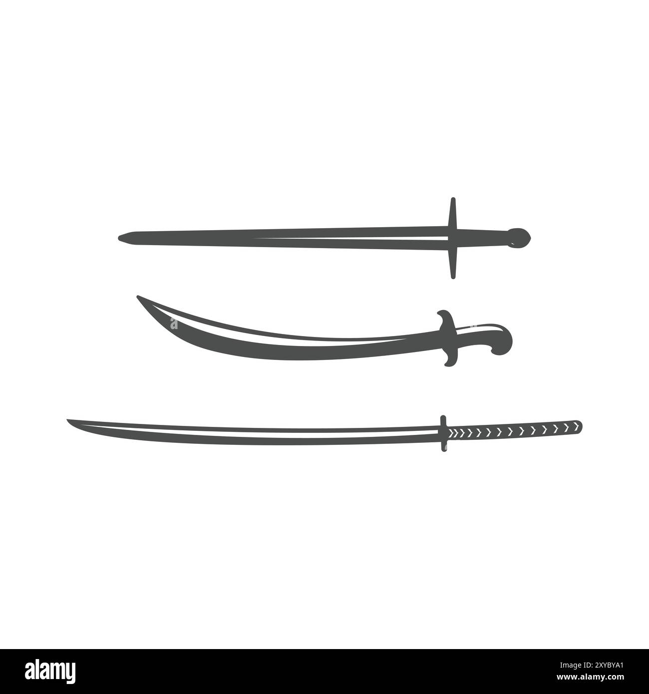 Set di Blade, Europe Viking Longsword, Arabian Scimitar e Giapponese Samurai Katana. Disegno dell'illustrazione vettoriale Illustrazione Vettoriale