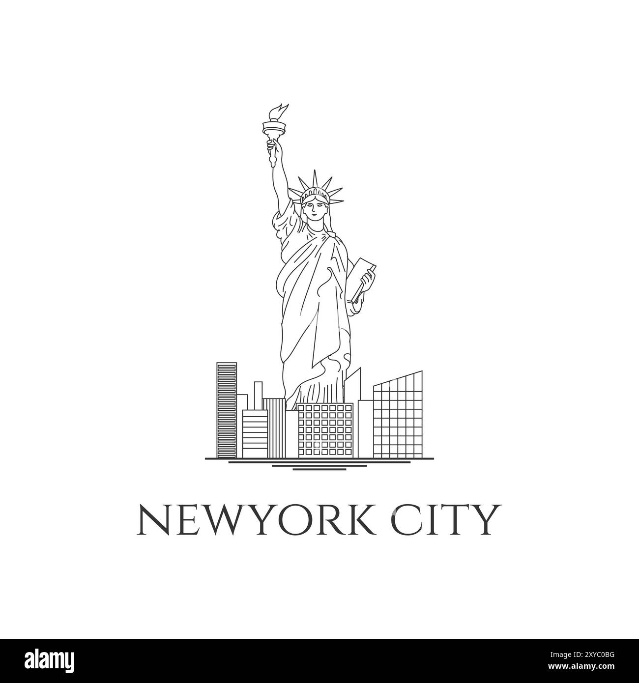 Skyline della Statua della libertà. Punto di riferimento di New York. Simbolo americano. Illustrazione della linea vettoriale Illustrazione Vettoriale