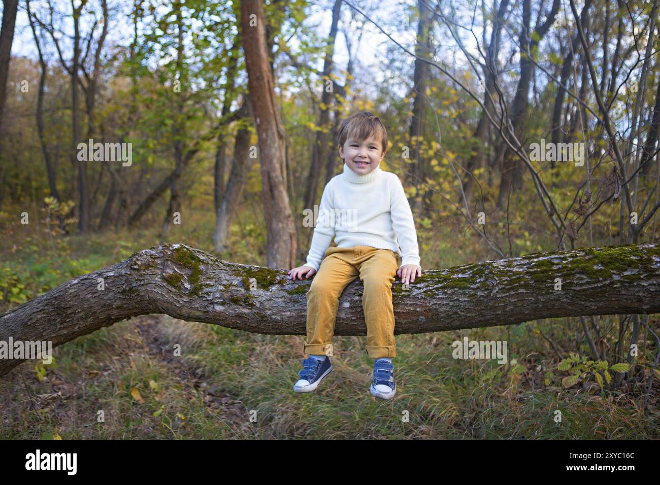 Adorabili e sorridente ragazzino nel parco sul tramonto seduti sulla struttura ad albero Foto Stock