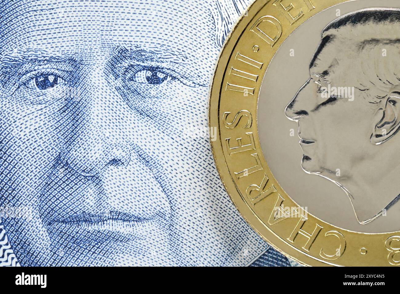 Carlo III banconota da 5 sterline e moneta da 1 sterline Foto Stock