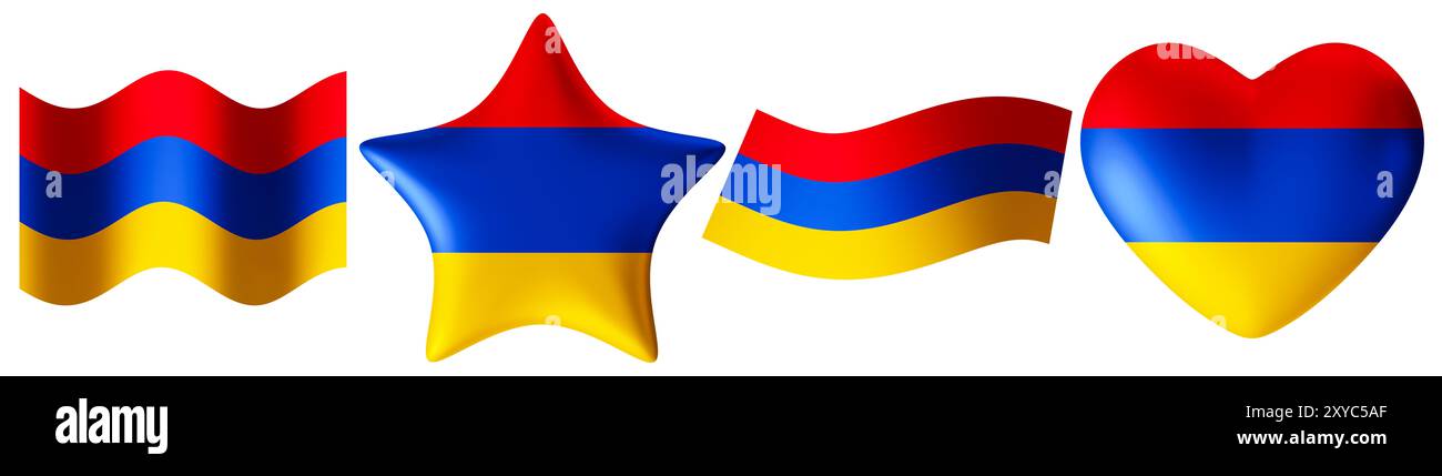 Set di bandiere dell'Armenia in varie forme, isolate su sfondo bianco. Ritagliare gli elementi di progettazione. Perfetto per temi patriottici o eventi nazionali Foto Stock