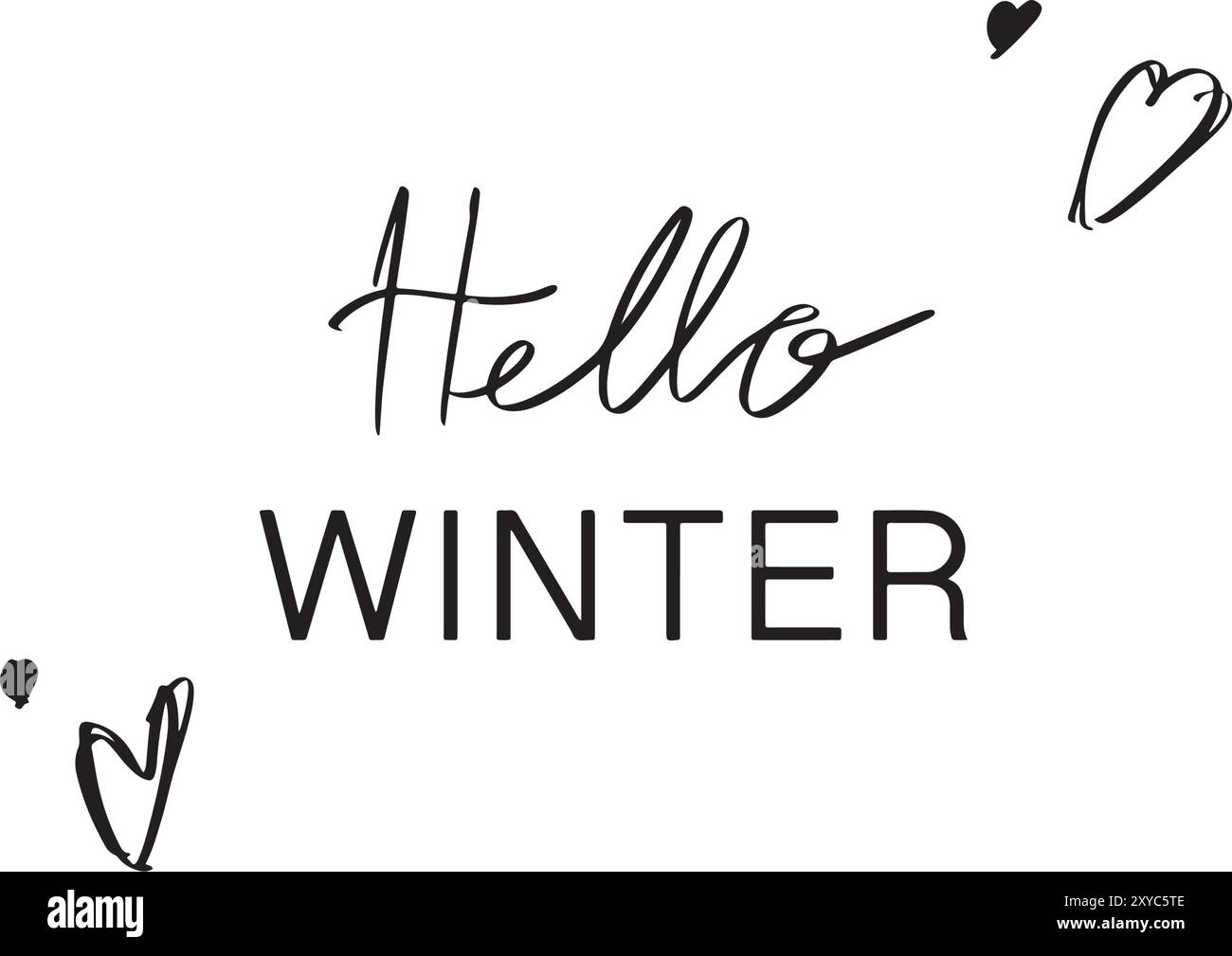 Hello Winter script calligraphy testo a mano font colore nero cuore amore mese di novembre mese di dicembre buon natale natale felice anno nuovo 2024 2025 Illustrazione Vettoriale