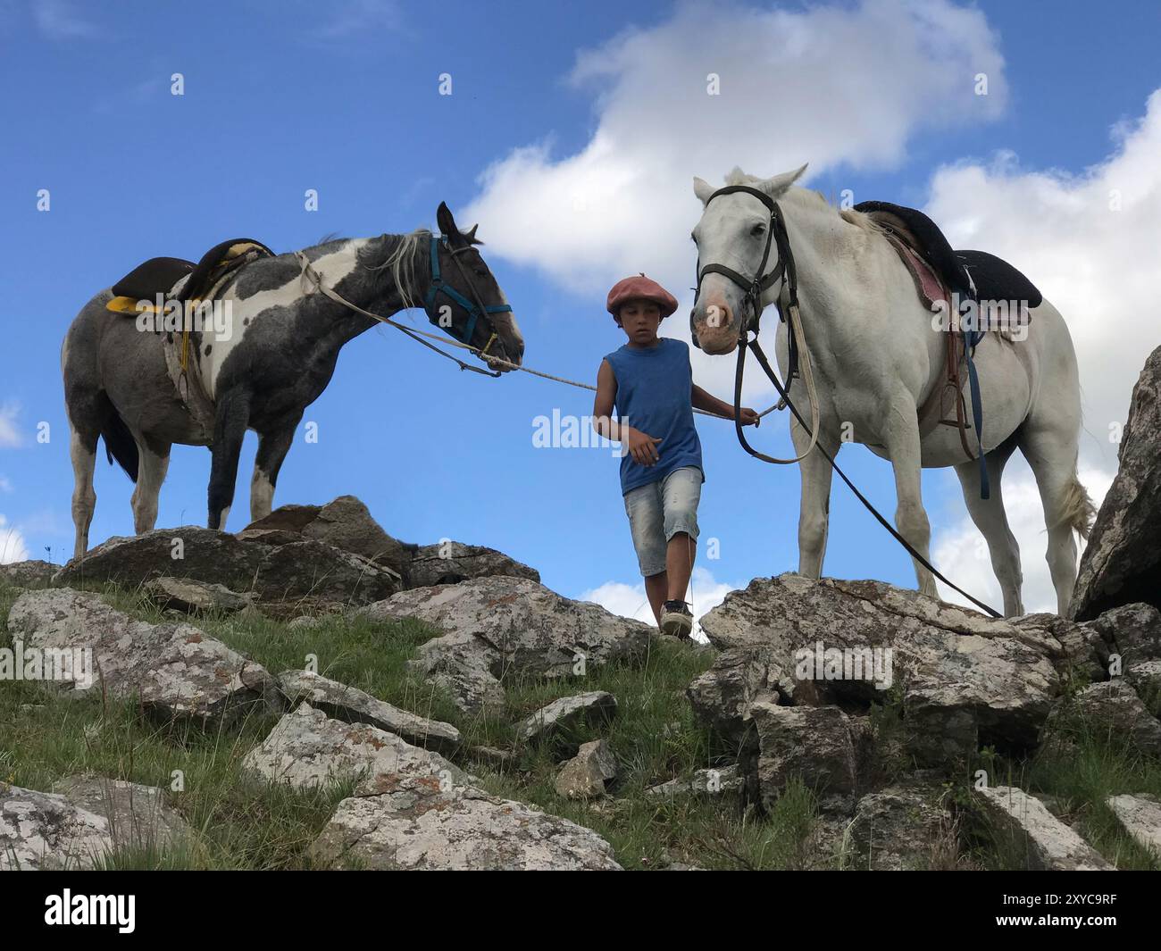 Ragazzo con due cavalli sulle montagne di Cordova, Argentina, con cielo e nuvole sullo sfondo Foto Stock