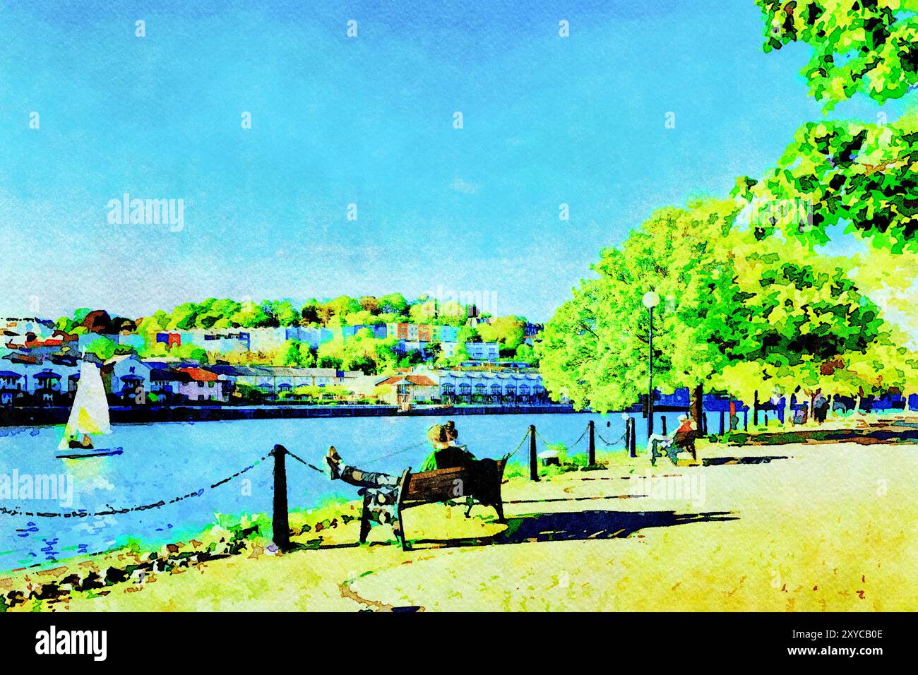 Bristol, Regno Unito - rilassati in una splendida serata al Bristol Docks, giovane coppia seduta su una panchina, case colorate, alberi verdi freschi, cielo blu, vela bo Foto Stock