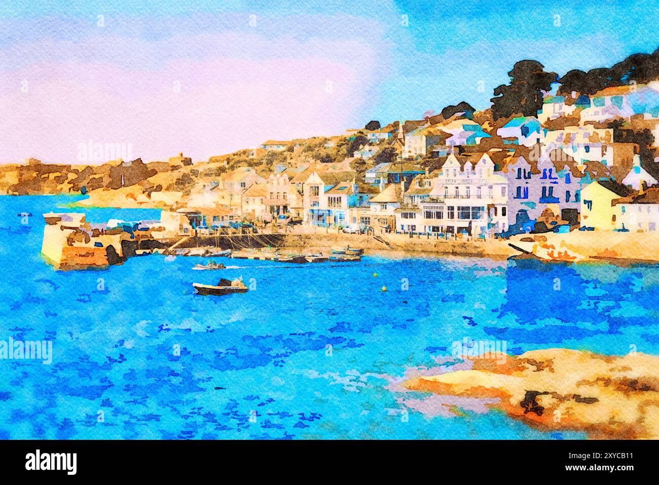 St Mawes, Penisola di Roseland, Cornovaglia, Regno Unito - il popolare villaggio di St Mawes, processo di acquerello. Foto Stock