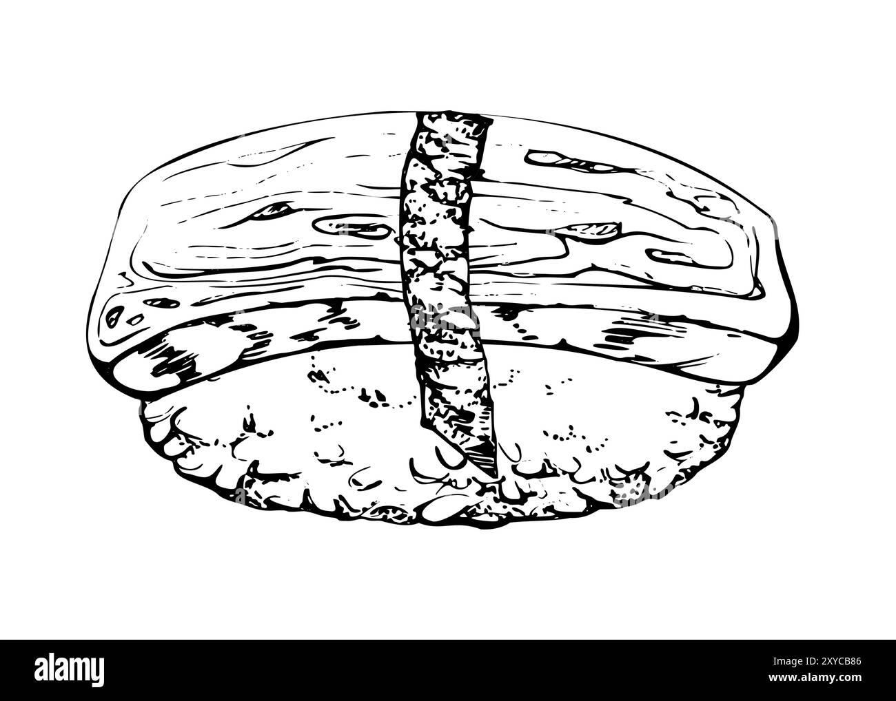 Cibo giapponese nigiri sushi tamagoyaki omelet tofu pancake formaggio su palla di riso, fiocchi di alghe nori, disegnati a mano in penna vettoriale, inchiostro. Illustrazione per Illustrazione Vettoriale