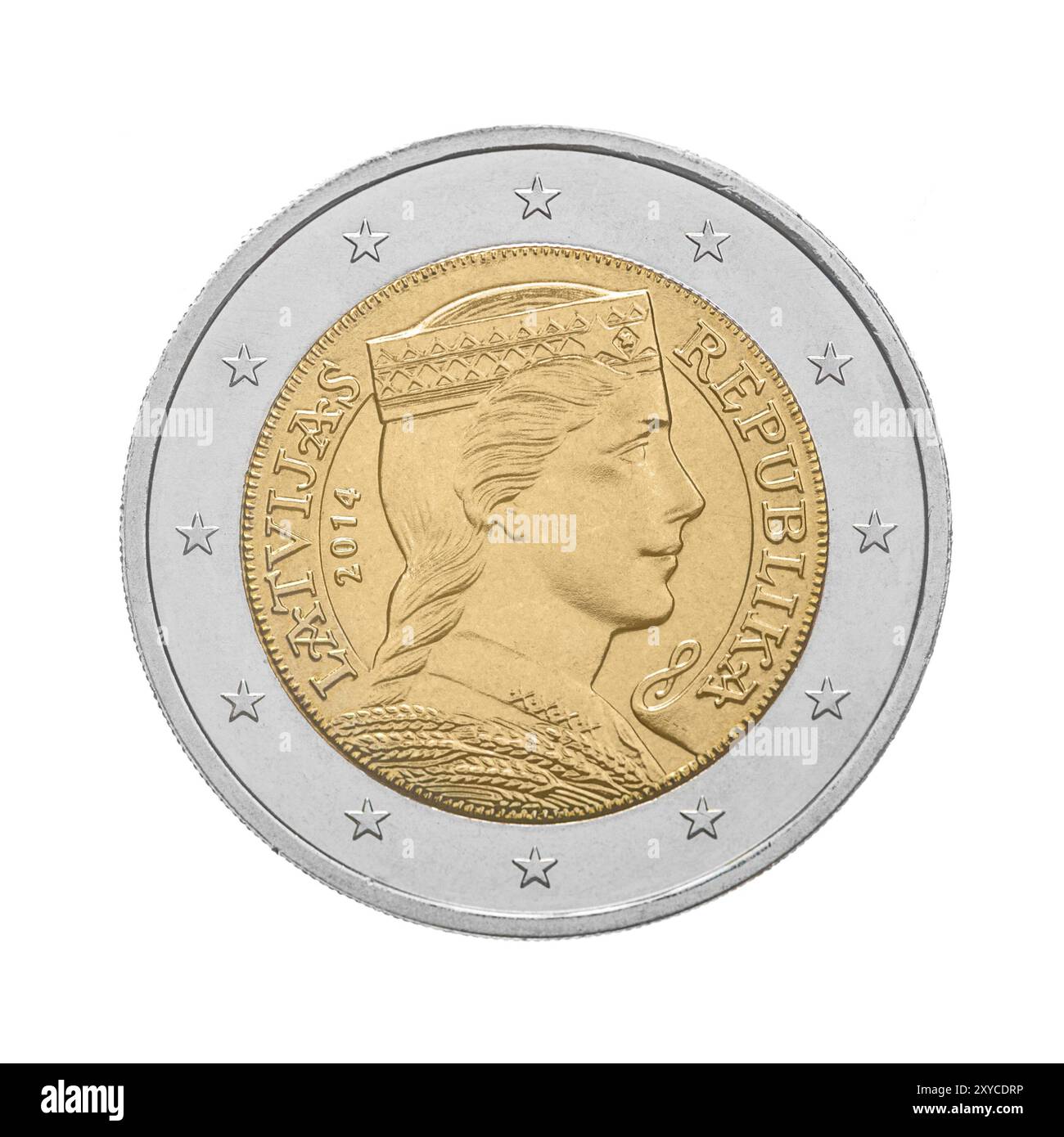 Due monete da euro Lettonia. Lato retromarcia. Isolato su sfondo bianco Foto Stock