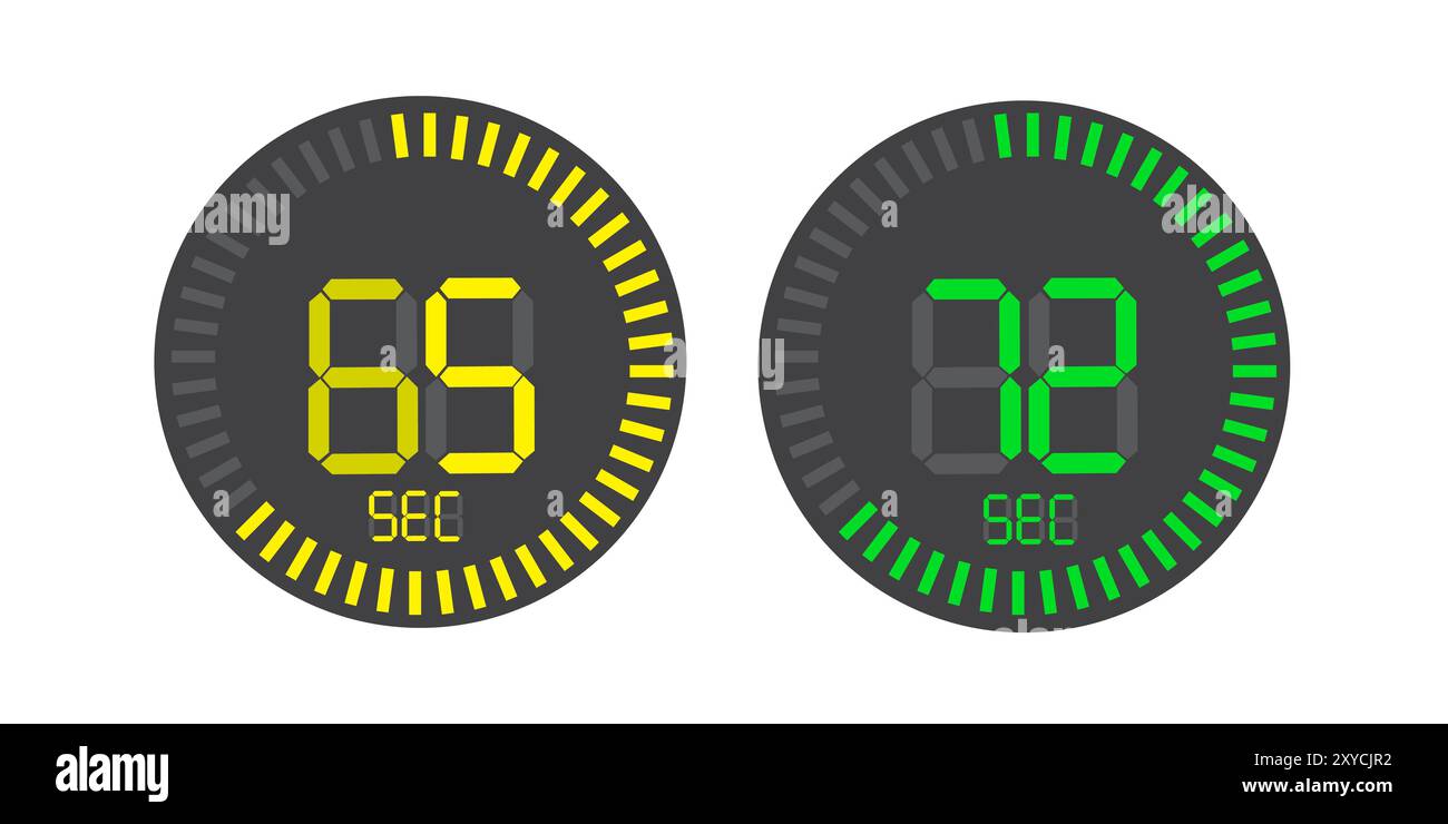 Serie di timer. Diagramma del timer con freccia a rotazione completa da 5 secondi o minuti a 60. Icone piatte colorate. Moderno stile piatto con illustrazione vettoriale Illustrazione Vettoriale