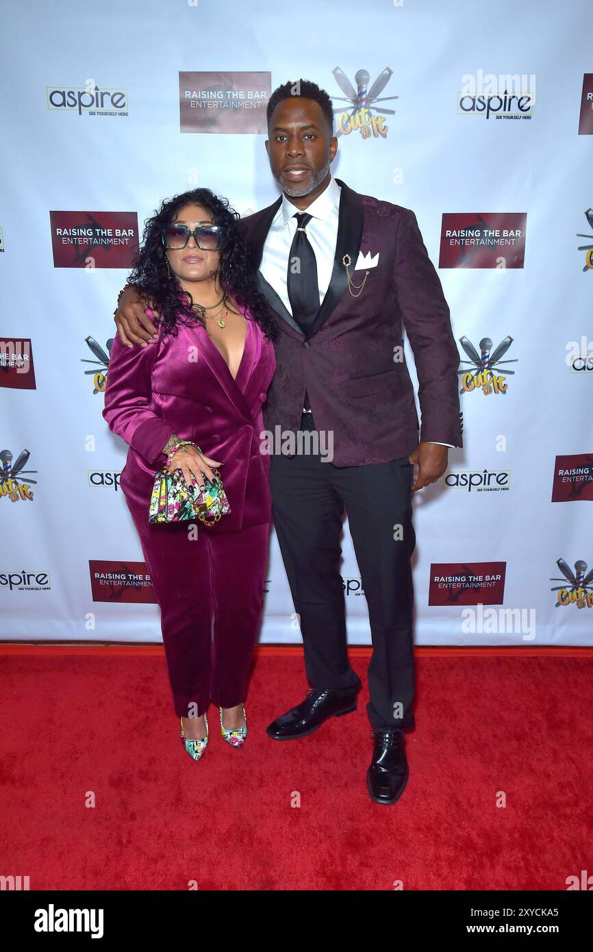 Corina Reyes und Garrick Dixon bei der Premierenparty zur TV-Talkshow Cut to IT im ha Comedy Club. Los Angeles, 28.08.2024 *** Corina Reyes e Garrick Dixon alla prima festa per il talk show televisivo Cut to IT presso ha Comedy Club Los Angeles, 28 08 2024 foto:xD.xStarbuckx/xFuturexImagex cut 4805 Foto Stock