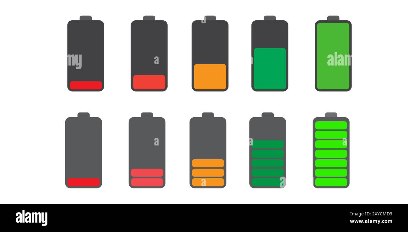 Serie di indicatori verticali del livello della batteria in percentuale vettoriale. Simboli degli indicatori della batteria. 0-100 percento. Illustrazione Vettoriale