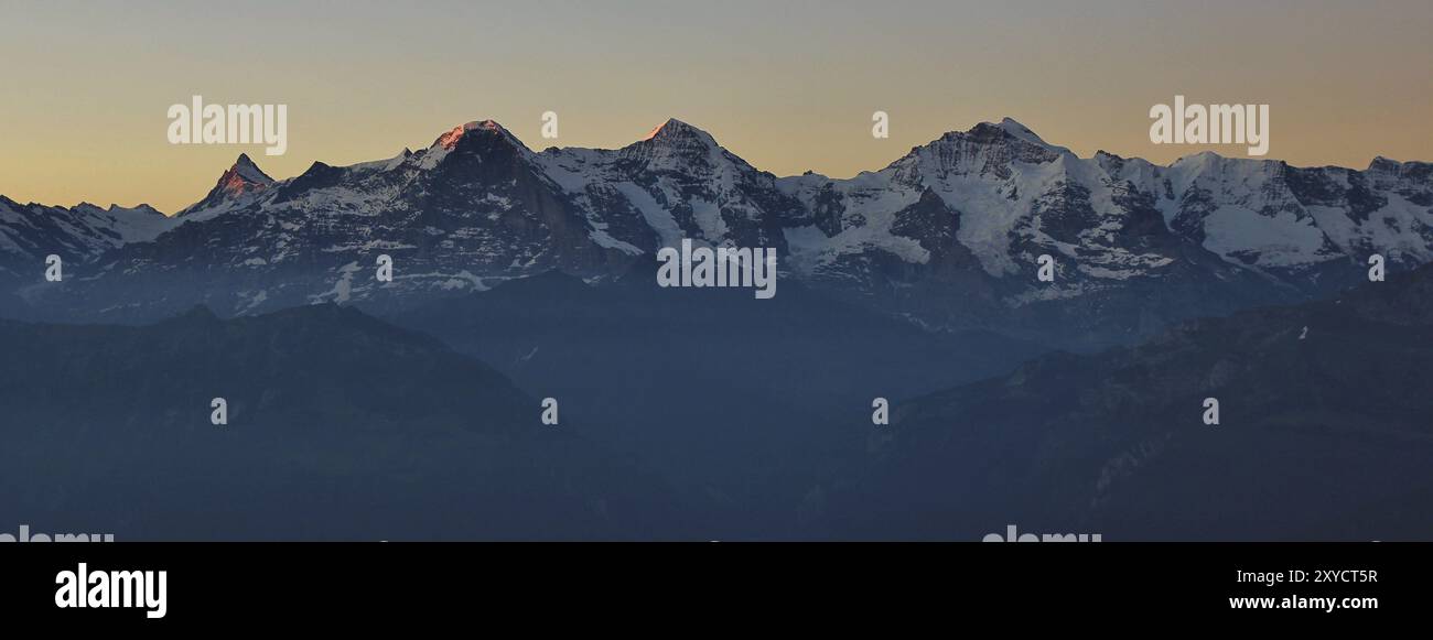 Vista dal Monte Niederhorn, Svizzera. Le famose montagne Eiger, Monch e Jungfrau all'alba Foto Stock