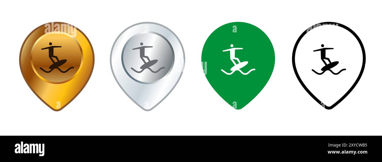 Spiaggia surf località destinazione turismo navigazione navigazione navigazione simbolo percorso mappa puntino contrassegno design set icone di raccolta Illustrazione Vettoriale