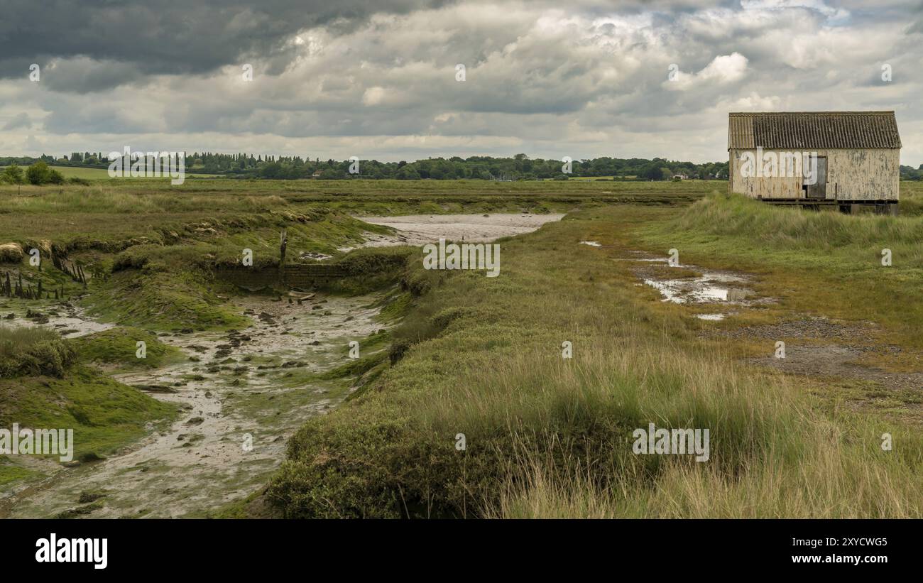 Houese su palafitte nel terreno paludoso vicino al fiume Crouch Wallasea Island, Essex, Inghilterra, Regno Unito Foto Stock