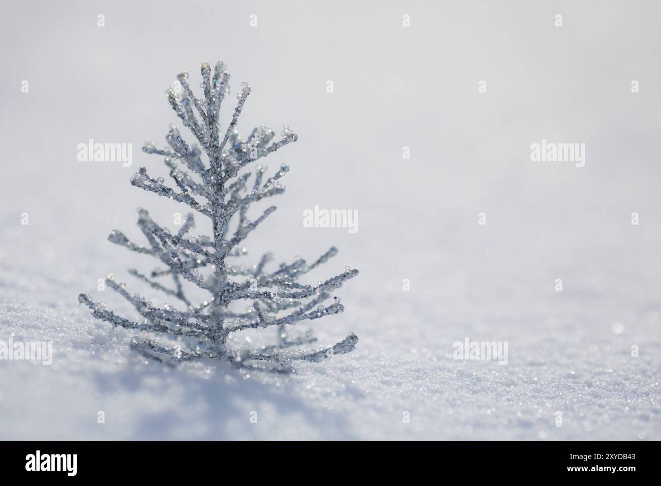 Decorazioni con alberi di Natale in argento su neve vera all'aperto. Concetto di vacanza invernale Foto Stock