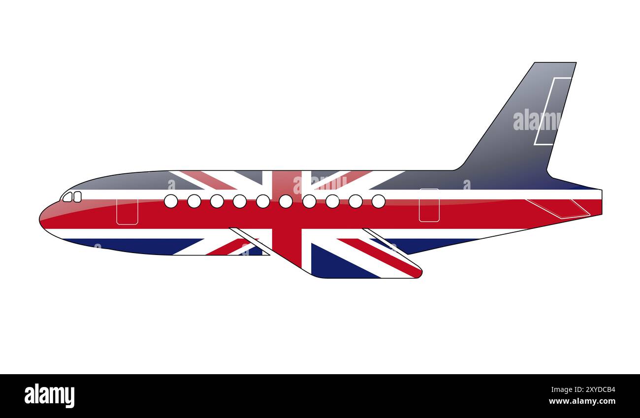 La bandiera britannica dipinta sulla silhouette di un aereo. illustrazione lucida Foto Stock
