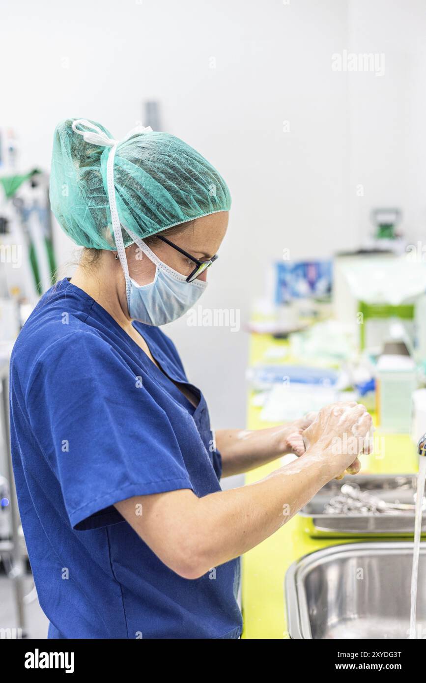 Prevenzione del coronavirus. Infermiera che si lava le mani dopo aver trattato un paziente con infezione da Covid-19. Procedura di igienizzazione medica Foto Stock