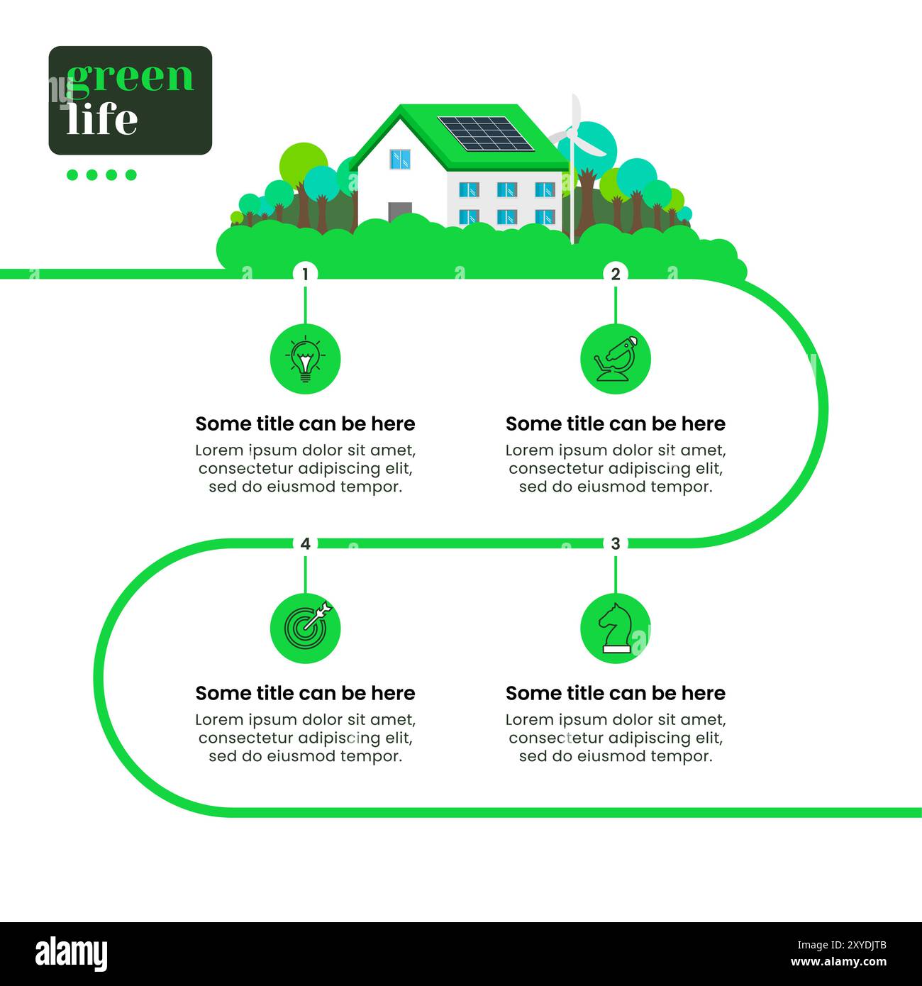 Modello infografico con icone e 4 opzioni o passaggi. Linea verde. Può essere utilizzato per layout del flusso di lavoro, diagrammi, banner, webdesign. Illustrazione vettoriale Illustrazione Vettoriale