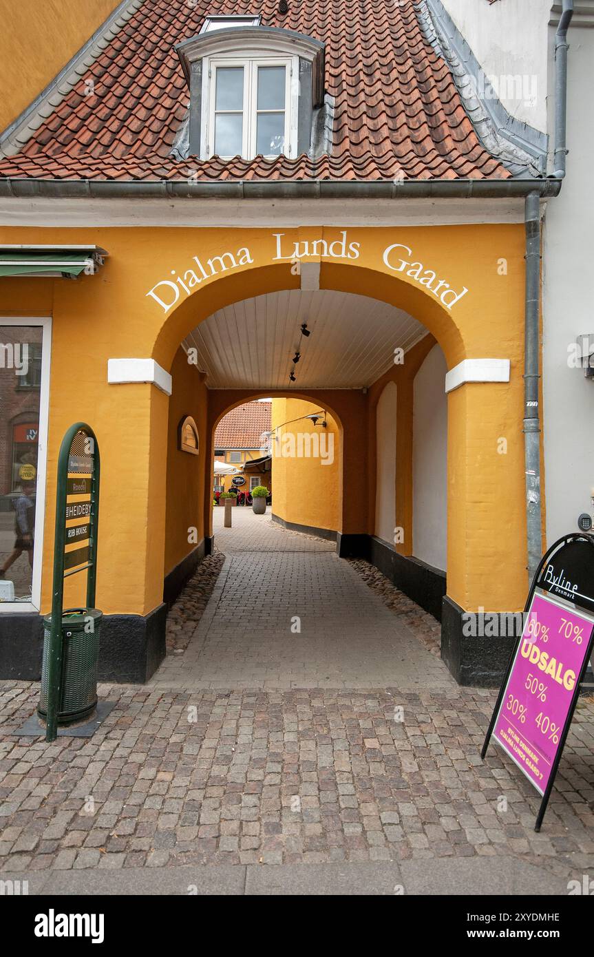 Cancello ad arco rotondo di Djalma Lunds Gaard, strada pedonale di Algade, Roskilde, Danimarca Foto Stock
