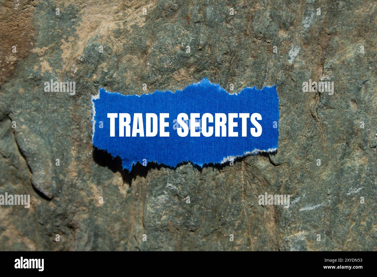 Messaggio segreto commerciale scritto su un pezzo di carta blu strappato con sfondo in pietra. Simbolo dei segreti commerciali concettuali. Copia spazio. Foto Stock