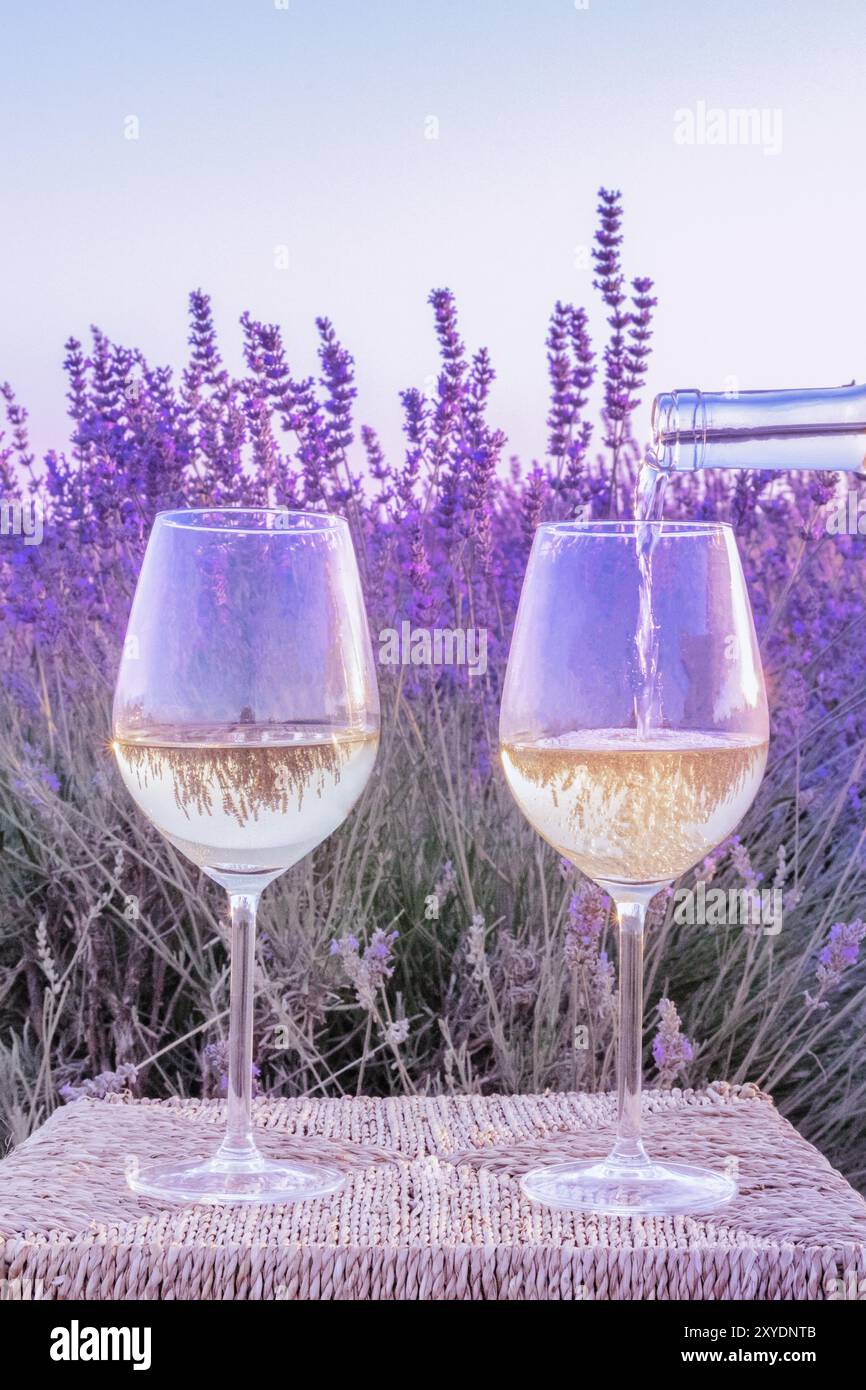 Vino di lavanda. Vino bianco versata da una bottiglia in bicchieri contro un campo di lavanda sfondo, immagine dai toni Foto Stock