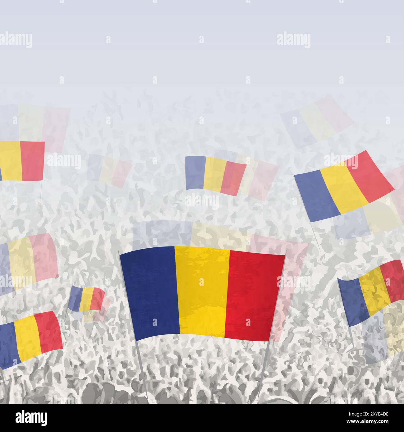 Folla di persone che sventolano la bandiera della Romania grafica quadrata per social media e notizie. Illustrazione vettoriale. Illustrazione Vettoriale