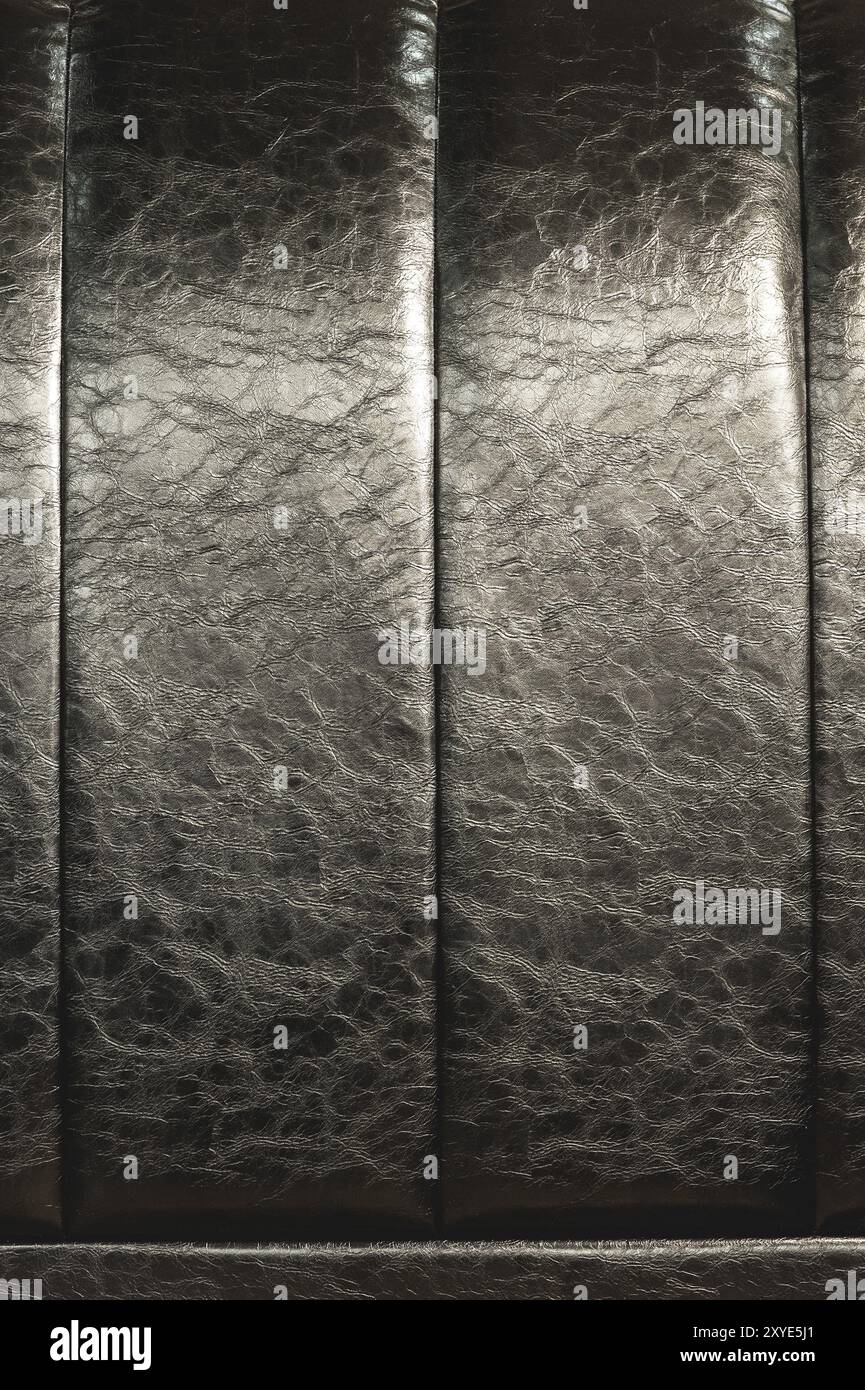 La consistenza della vera pelle sul retro del letto. Le strisce verticali della pelle sono nere. Costosa lucentezza della pelle artificiale Foto Stock