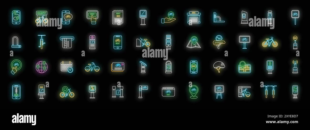 Grande set di icone al neon per il bike sharing, il noleggio di scooter elettrici e il parcheggio per biciclette Illustrazione Vettoriale