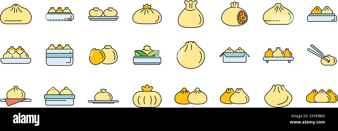 Questo set di icone vettoriali mostra vari tipi di gnocchi asiatici che vengono cotti al vapore, serviti su piatti e confezionati al momento Illustrazione Vettoriale