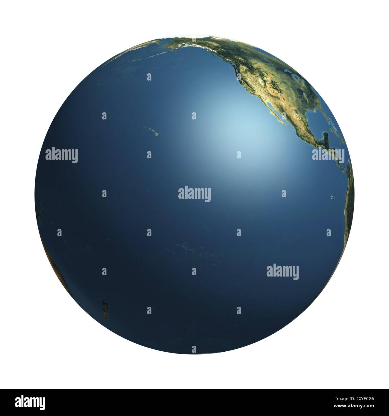 Vista del globo terrestre dallo spazio che mostra l'oceano Pacifico e una parte del continente nordamericano. Isolato su sfondo bianco Foto Stock