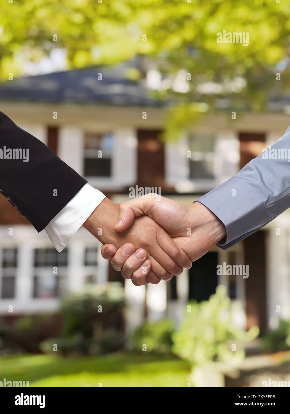 Uomo e donna che stringono la mano davanti a una casa. Concetto di intermediario immobiliare Foto Stock