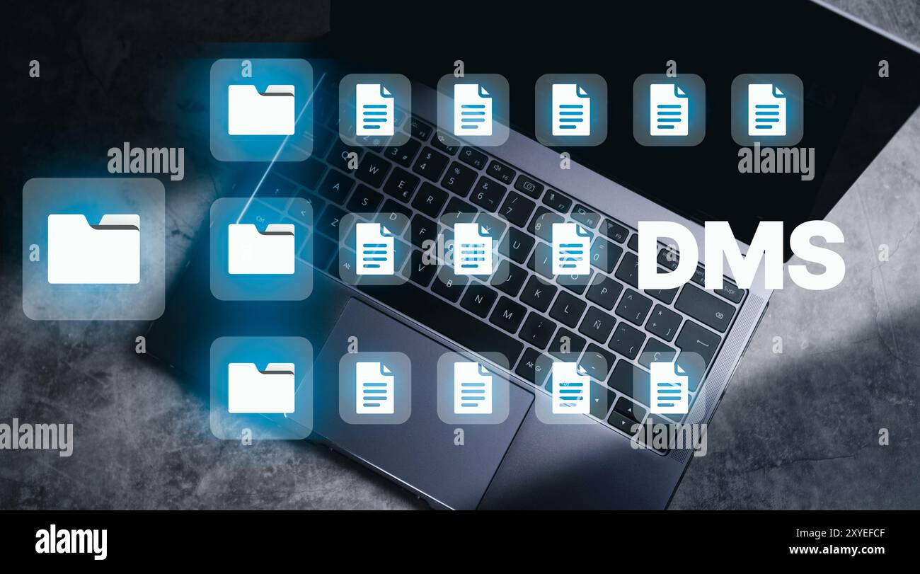 Software di automazione per archiviare e gestire in modo efficiente i file informativi. Document Management System o DMS. Consulenza informatica. Foto Stock