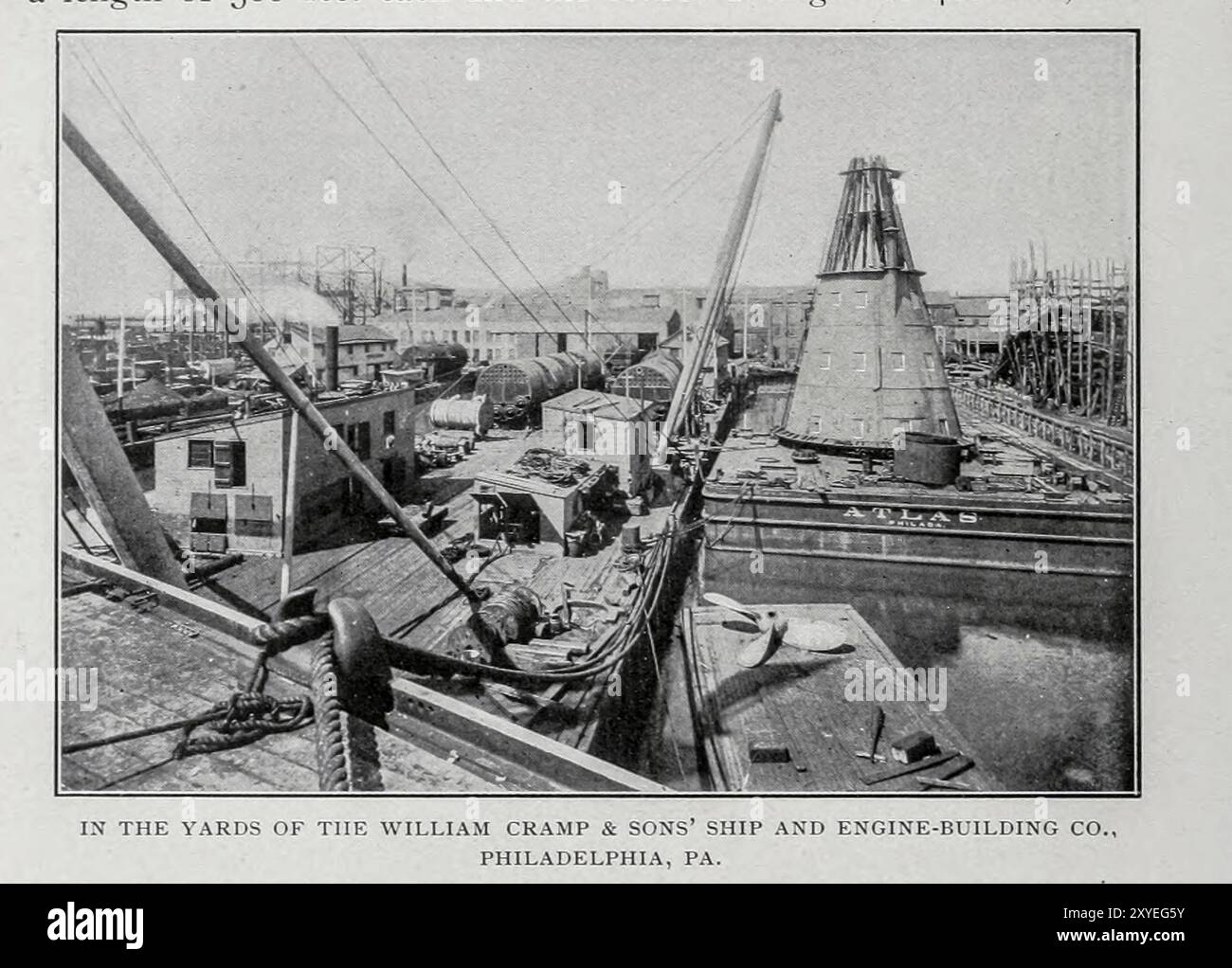 VISTA GENERALE NAVE DI WILLIAM CRAMP & SONS E COSTRUZIONE DI MOTORI CO., PHILADELPHIA, PENNSYLVANIA. Dall'articolo I CANTIERI NAVALI DEGLI STATI UNITI. Di Waldon Fawcett. Dalla rivista Engineering dedicata al progresso industriale volume XIX 1900 The Engineering Magazine Co Foto Stock