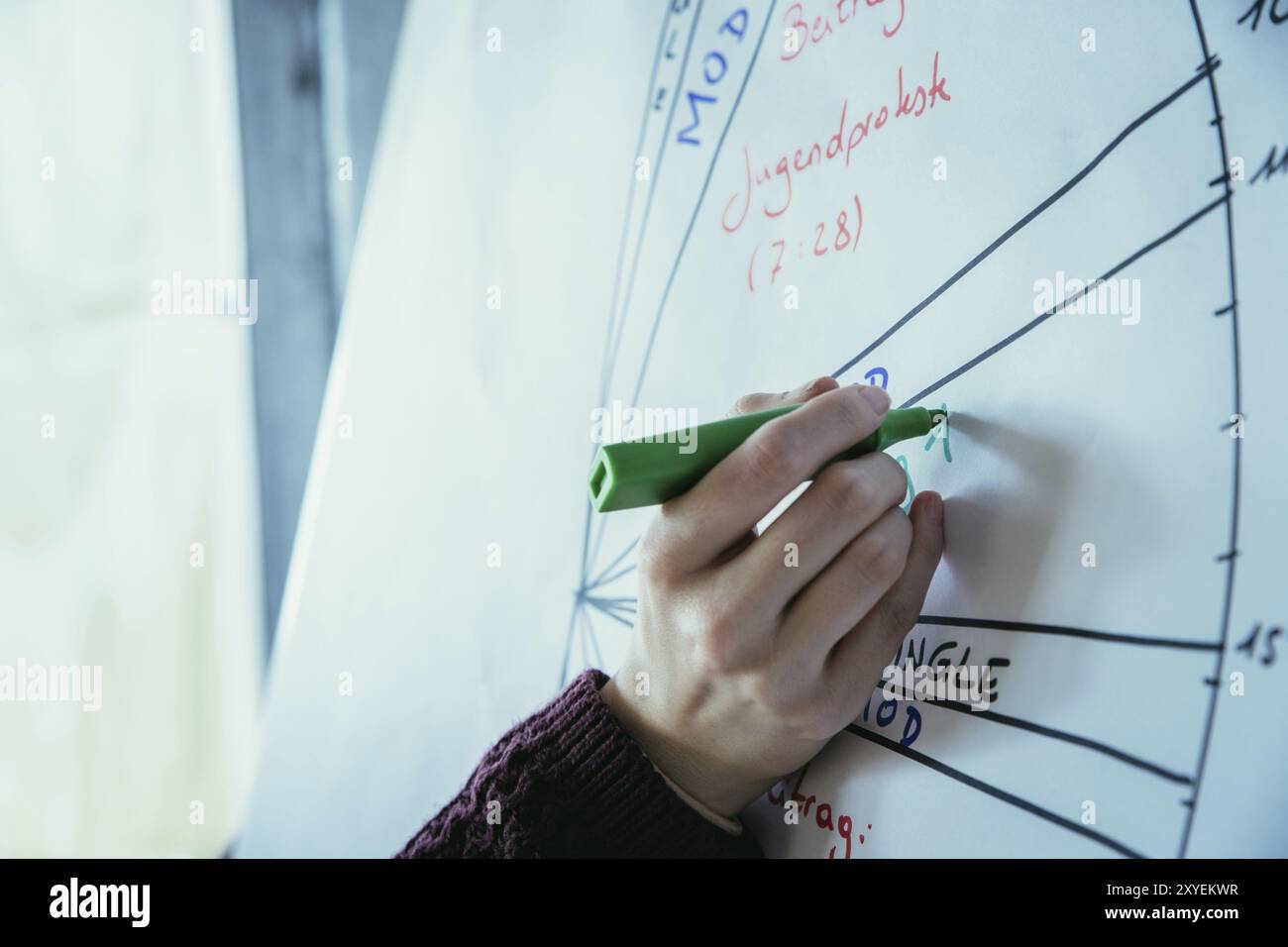 Donna disegno su una clipboard, officina Foto Stock