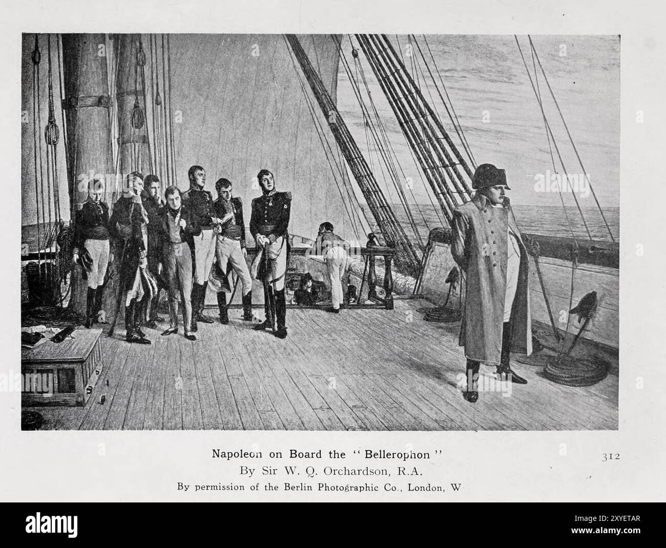 Napoleone a bordo del Bellerofonte Sir W. Q. Orchardson Napoleon Bonaparte (nato Napoleone di Buonaparte; 15 agosto 1769 – 5 maggio 1821), più tardi conosciuto con il suo nome di regno Napoleone i, fu un ufficiale militare e statista francese che salì alla ribalta durante la Rivoluzione francese e guidò una serie di campagne di successo in tutta Europa durante le guerre rivoluzionarie francesi e napoleoniche dal 1796 al 1815. Fu il capo della Repubblica francese come primo Console dal 1799 al 1804, poi dell'Impero francese come Imperatore dei francesi dal 1804 al 1814, e brevemente di nuovo nel 1815. Foto Stock